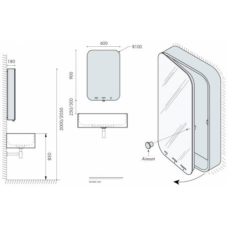 Meuble Supermiroir ASW comprenant Savon, eau et sèche mains éléctr + miroir.