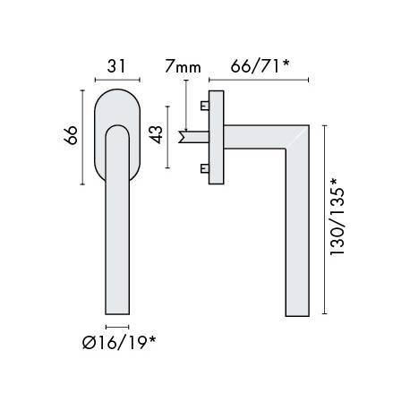 Béquille de fenêtre L19° modèle Project 06, . Inox brossé 304