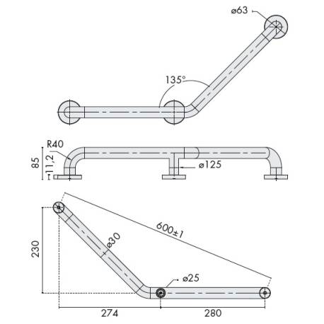 Barre d'appui coudée à 135° droite, inox brossé 304