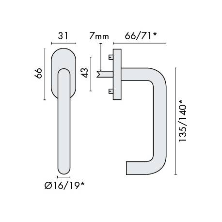 Béquille de fenêtre U19 mm modèle Project 04, . Inox brossé 304