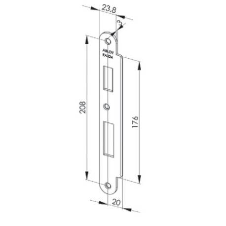 Gâche plane chromé satiné coins arrondis pour EL560, 232x24x3mm, largeur 32mm, l