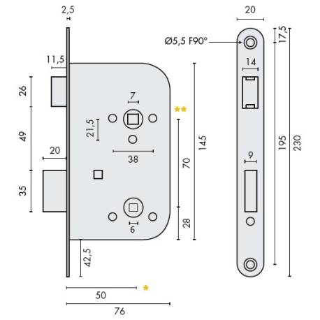 Serrure EXS 12, bec de cane à condamnation axe 50 mm NF-QC bouts ronds inox