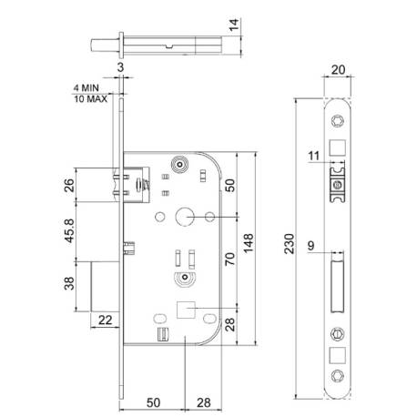Serrure EXS 17, condamnation à rouleau axe 50 mm  bouts ronds inox sans gache